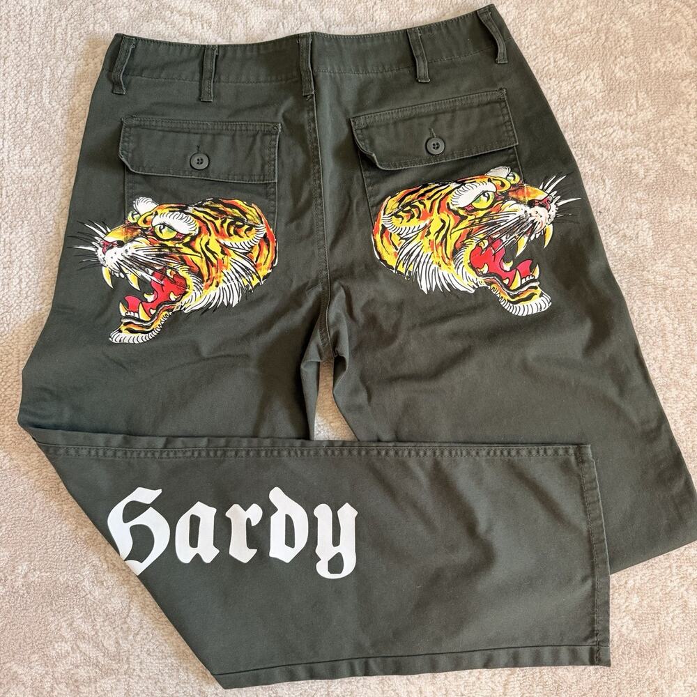 Ed Hardy Mens Screaming Tiger Straight Pants Utility Y2K Olive Size 32 X 29 NWOT